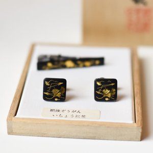 Vintage Cufflinks & Tie Bar Set || Etched Gold Ginko Leaves || Bamboo Box